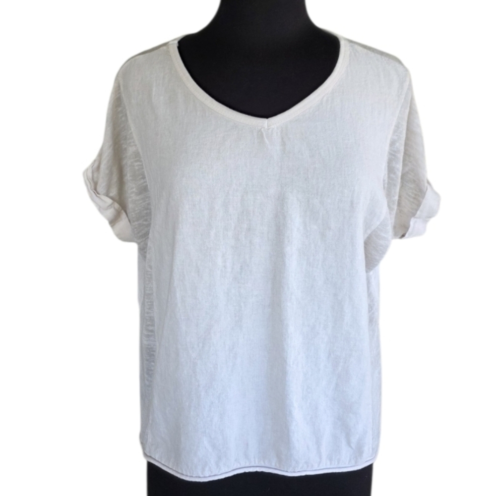 Kaktus Lagenlook Tee Linen Cream Short Sleeve V-Neck Top Summer Vacation